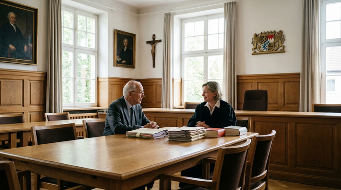 Ein seriöser, gut beleuchteter Besprechungsraum in einem Amtsgericht. Ein älterer Herr im Gespräch mit einer freundlichen Richterin am Tisch. Akten liegen auf dem Tisch, die Atmosphäre ist ruhig, verständnisvoll und respektvoll. Fotorealistisch, ohne Text.