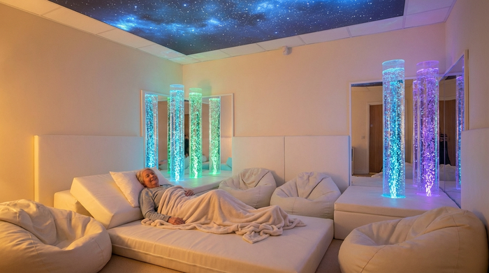 Ein sogenannter Snoezelen-Raum mit gedimmtem Licht. Bequeme weiße Liegelandschaften, sanft blubbernde Wassersäulen mit Farbwechsel und ein beruhigender Sternenhimmel an der Decke. Eine entspannte ältere Person ruht sich aus. Friedliche Stimmung, fotorealistisch.