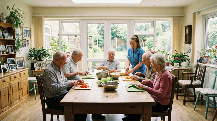 Eine gemütliche, große Wohnküche in einer Demenz-Wohngemeinschaft. Mehrere Senioren sitzen gemeinsam an einem großen Holztisch und schneiden Gemüse, liebevoll unterstützt von einer jungen Betreuungskraft. Familiäre und fröhliche Stimmung, helles Tageslicht.