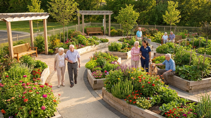 Ein wunderschön angelegter, sicherer Demenzgarten an einem sonnigen Nachmittag. Senioren spazieren sicher auf gepflasterten Rundwegen, umgeben von blühenden Hochbeeten und gemütlichen Holzbänken. Fröhliche, unbeschwerte Atmosphäre, fotorealistisch.