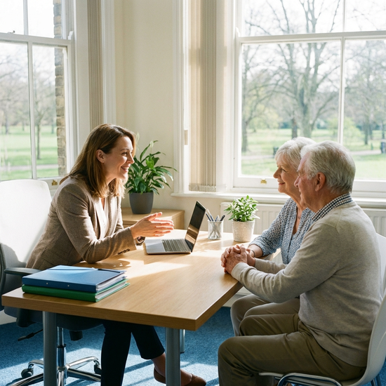 Eine freundliche, professionelle Pflegeberaterin im Gespräch mit einem älteren Ehepaar an einem aufgeräumten Schreibtisch in einem hellen Büro. Helle, einladende Umgebung, vertrauensvolle Stimmung.