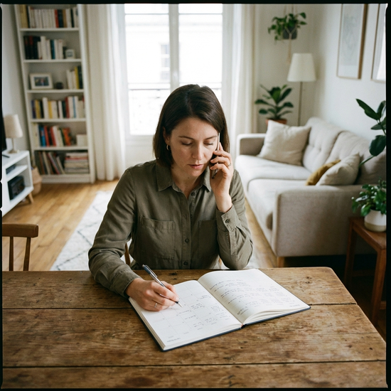 Eine gut organisierte Frau telefoniert konzentriert an einem Holztisch, vor ihr liegt ein aufgeschlagenes Notizbuch. Natürliches Licht, aufgeräumtes Wohnzimmer, realistische Szene.