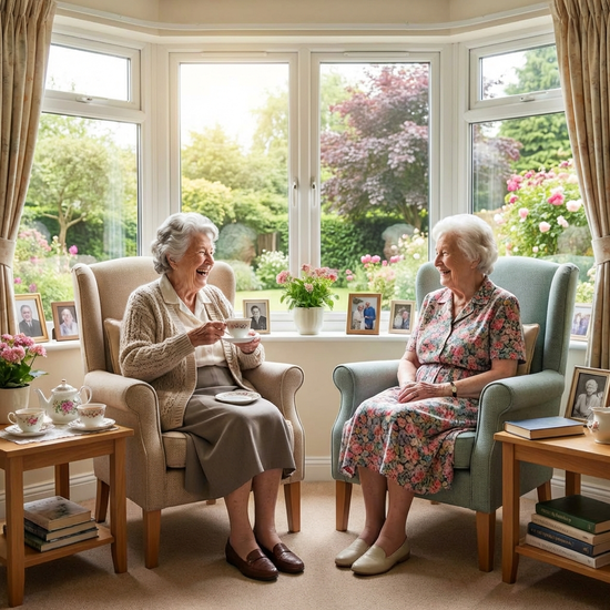 Zwei ältere Damen sitzen entspannt in einem hellen, freundlichen Doppelzimmer eines Pflegeheims und trinken gemeinsam Tee. Gemütliche Sessel, große Fenster mit Blick ins Grüne.
