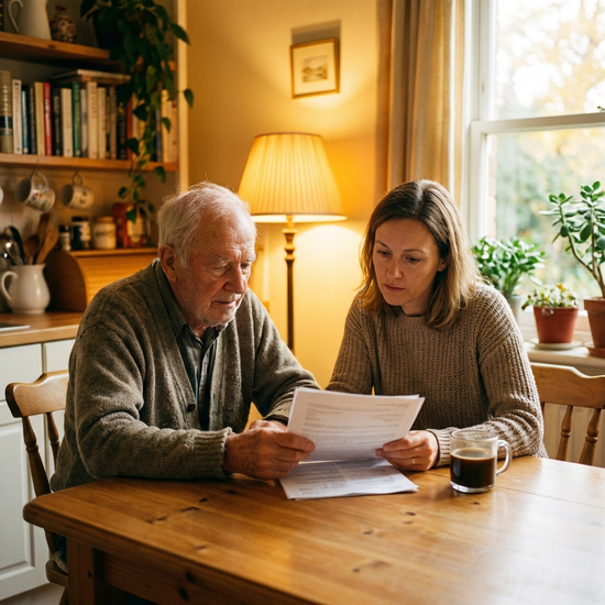 Ein älterer Herr und seine Tochter betrachten gemeinsam Dokumente am Küchentisch, eine Tasse Kaffee steht daneben. Ernste, aber ruhige Atmosphäre, warme Beleuchtung.