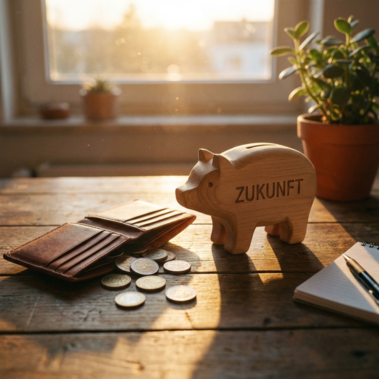 Eine geöffnete Geldbörse mit ein paar Münzen neben einem stilvollen Holzsparschwein auf einem Tisch, sanftes Gegenlicht, symbolisiert finanzielle Planung.