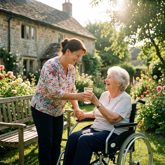 Eine liebevolle osteuropäische Betreuungskraft reicht einer lächelnden Seniorin im Rollstuhl im heimischen Garten ein Glas Wasser. Sonniges Wetter, harmonisches Miteinander.