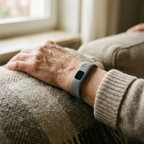 Ein moderner, unauffälliger Hausnotruf-Knopf am Handgelenk eines älteren Menschen, der gemütlich auf einem Sofa ruht. Nahaufnahme, weiches Licht.