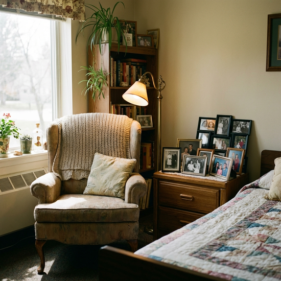 Ein gemütlich eingerichtetes Pflegeheimzimmer mit einem bequemen Ohrensessel, einer vertrauten Leselampe und gerahmten Familienfotos auf dem Nachttisch. Einladend und wohnlich.