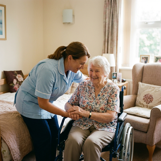 Eine einfühlsame Pflegekraft begrüßt eine neue Bewohnerin herzlich an der Tür ihres Zimmers. Beide lächeln, freundliche und respektvolle Körpersprache.