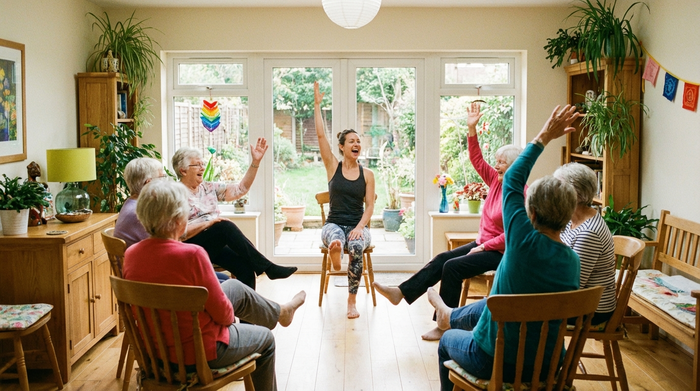 Eine fröhliche Gruppe von Senioren bei der gemeinsamen Sitzgymnastik in einem sonnendurchfluteten Raum. Eine motivierte Betreuerin macht die Übungen vor. Angenehme, saubere und einladende Umgebung.