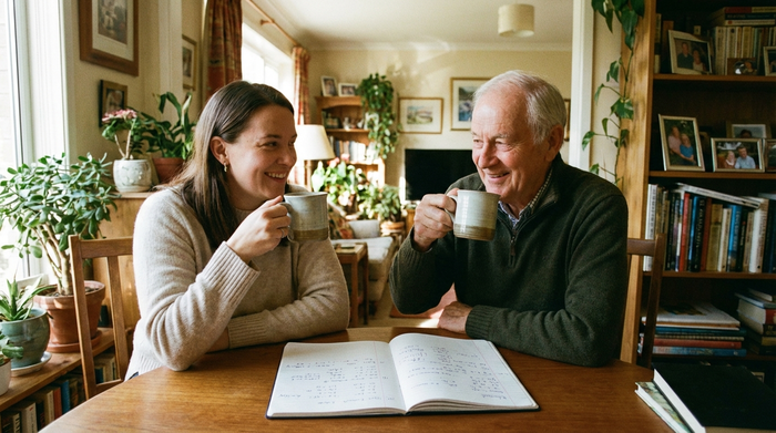 Eine erwachsene Tochter und ihr älterer Vater sitzen entspannt am heimischen Esstisch bei einer Tasse Kaffee. Beide lächeln erleichtert. Ein aufgeschlagenes Notizbuch liegt auf dem Tisch. Warme, familiäre Stimmung.