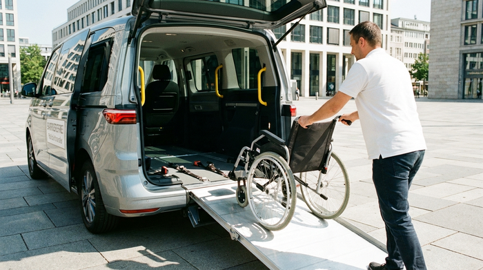 Ein moderner Kleinbus mit geöffneten Hecktüren und einer ausgefahrenen, flachen Rollstuhlrampe. Ein Fahrer schiebt behutsam einen leeren, komfortablen manuellen Rollstuhl über die Rampe ins Innere des hellen Fahrzeugs. Fokus auf Sicherheit und Barrierefreiheit.