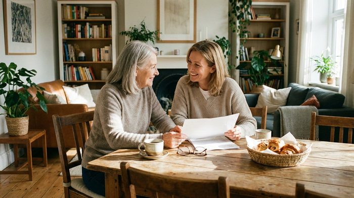 Eine ältere Frau und ihre erwachsene Tochter sitzen entspannt am Esstisch und lächeln sich an, während sie gemeinsam Papiere durchsehen. Eine warme Kaffeetasse steht auf dem Tisch. Gemütliches, helles Wohnzimmer, harmonische Stimmung.