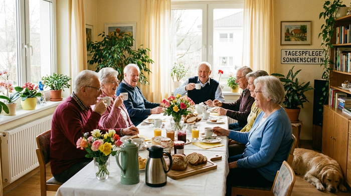 Eine fröhliche Gruppe von Senioren sitzt morgens an einem hellen, liebevoll gedeckten Frühstückstisch in einer Tagespflegeeinrichtung. Sie trinken Kaffee und unterhalten sich angeregt. Gemütliche, soziale und herzliche Atmosphäre.