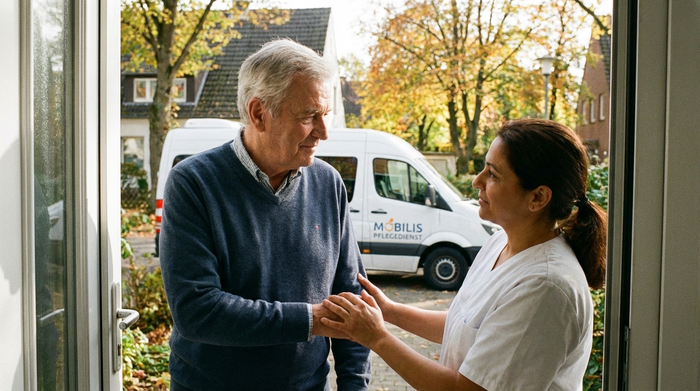 Ein älterer Herr mit grauem Haar wird von einer einfühlsamen Pflegekraft an der Haustür abgeholt. Die Pflegekraft reicht ihm sanft den Arm. Im Hintergrund ist ein moderner, weißer Kleinbus für den Fahrdienst zu sehen, geparkt in einer ruhigen Wohnstraße mit Bäumen.
