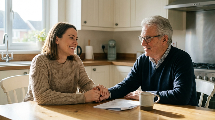 Eine lächelnde Tochter sitzt mit ihrem älteren Vater an einem aufgeräumten Küchentisch. Vor ihnen liegen ein paar Papiere und eine Kaffeetasse. Die Tochter wirkt entspannt und erleichtert, der Vater schaut zufrieden. Eine friedliche und harmonische familiäre Szene zu Hause.