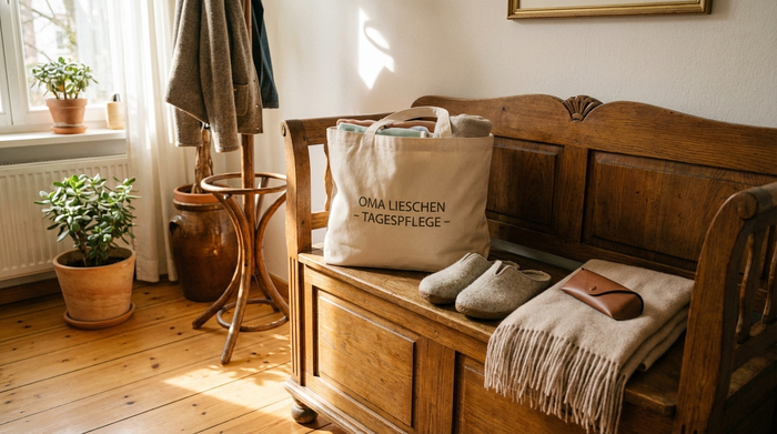 Eine gepackte, ordentliche Stofftasche für die Tagespflege steht auf einem hölzernen Flurschrank. Daneben liegen griffbereit bequeme, rutschfeste Hausschuhe, eine Brille im Etui und ein weicher Schal. Helle, einladende Eingangsatmosphäre in einem Privathaus.