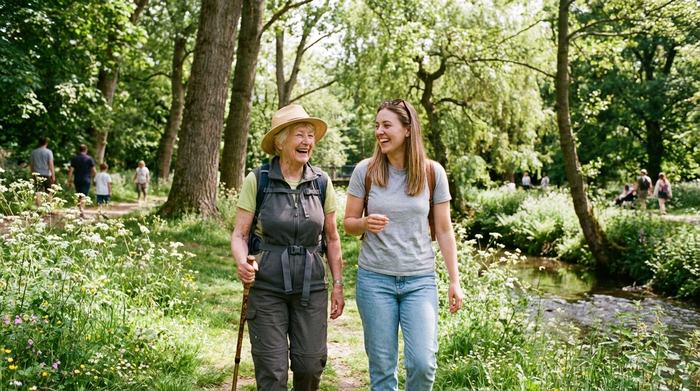 Eine rüstige Seniorin und eine jüngere Alltagsbegleiterin gehen entspannt an einem sonnigen Tag in einem grünen Park spazieren. Beide lächeln und genießen die Natur, realistische Szene ohne Text.