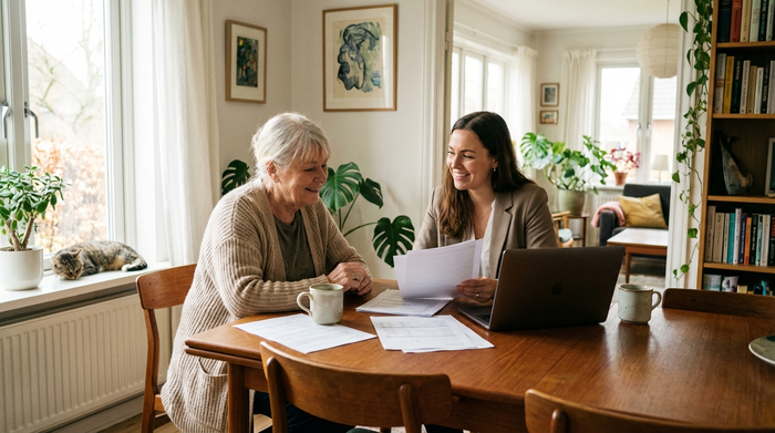 Eine ältere Dame sitzt am Esstisch und bespricht entspannt Dokumente mit einer freundlichen Beraterin. Auf dem Tisch liegen übersichtliche Papiere und zwei Kaffeetassen. Helles, gemütliches Wohnzimmer.