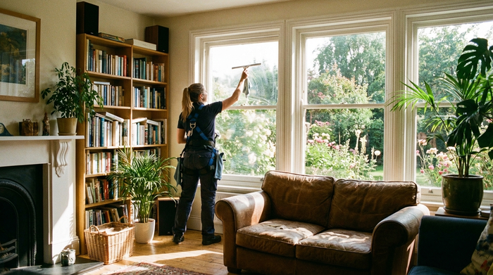 Eine professionelle Reinigungskraft putzt gründlich die großen Fenster eines gemütlichen Wohnzimmers. Draußen scheint die Sonne, die Szene wirkt frisch und sauber. Keine unnatürlichen Elemente.