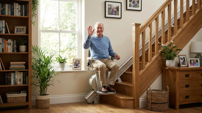 Ein moderner Treppenlift in einem gepflegten Einfamilienhaus. Ein zufriedener Senior fährt sicher und komfortabel die Holztreppe hinauf. Helles Licht, realistische häusliche Umgebung.
