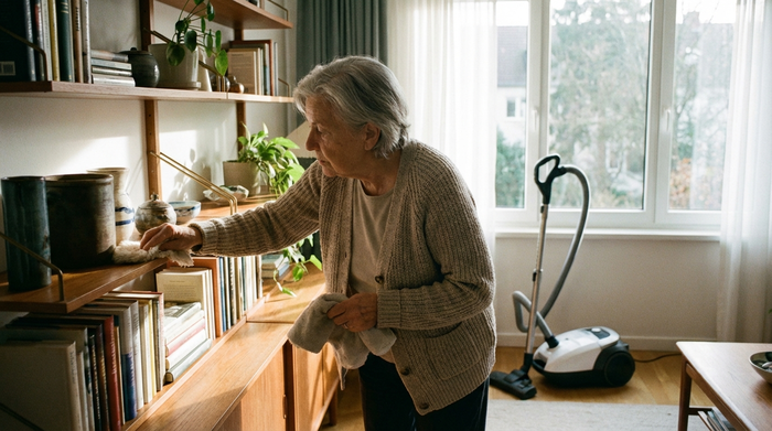 Eine ältere Frau mit grauem Haar wischt mit einem Staubtuch vorsichtig über ein Holzregal in einem ordentlichen Wohnzimmer. Im Hintergrund ist ein Staubsauger zu sehen. Saubere, realistische Szene, gutes Licht, keine Schrift.