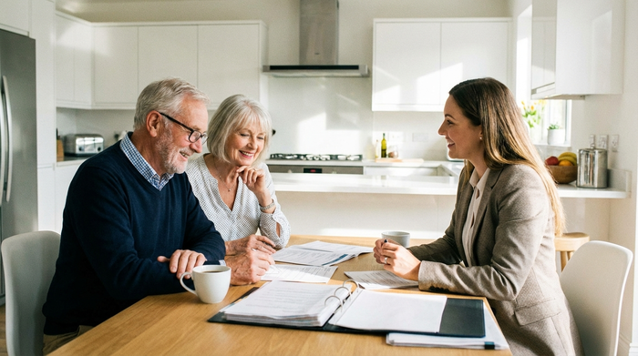 Ein älteres Ehepaar sitzt am Küchentisch und bespricht lächelnd Dokumente mit einer freundlichen Beraterin. Auf dem Tisch liegen einige Papiere und eine Kaffeetasse. Seriöse, helle und professionelle Atmosphäre, fotorealistisch.