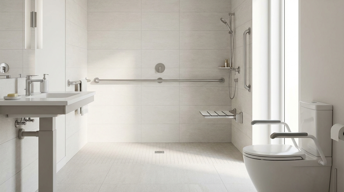 Ein sicheres, modernes Badezimmer für Senioren. Eine geräumige, barrierefreie Dusche mit Haltegriffen und einem klappbaren Duschsitz. Helle Fliesen, sauberes und sicheres Umfeld, keine Texte oder Labels.