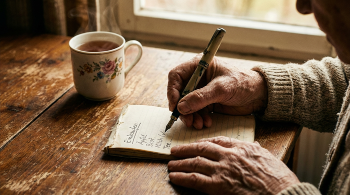 Eine detailreiche Nahaufnahme der Hände einer älteren Person, die mit einem Stift auf einem Notizblock Punkte abhakt. Eine Tasse Tee steht daneben auf dem Holztisch. Gemütliche, ruhige Stimmung, realistisch.