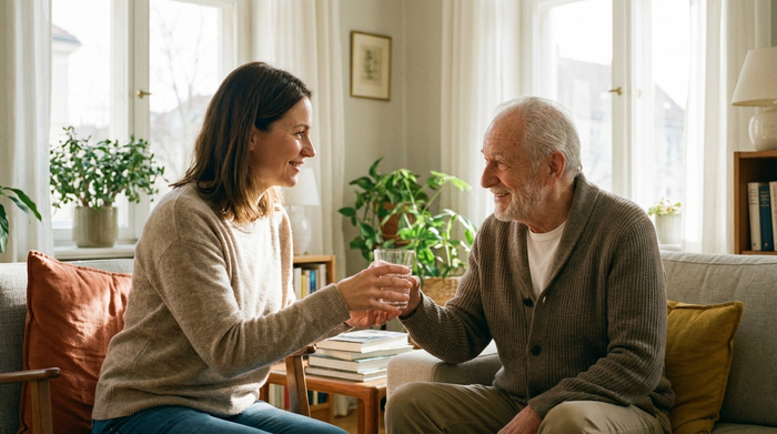 Eine fürsorgliche Pflegekraft reicht einem älteren Herrn ein Glas Wasser im hellen Wohnzimmer. Beide lächeln entspannt und wirken vertraut.