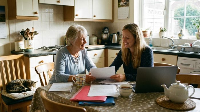 Eine ältere Frau und ihre erwachsene Tochter sitzen mit Dokumenten am Küchentisch und besprechen entspannt die Finanzen bei einer Tasse Tee.