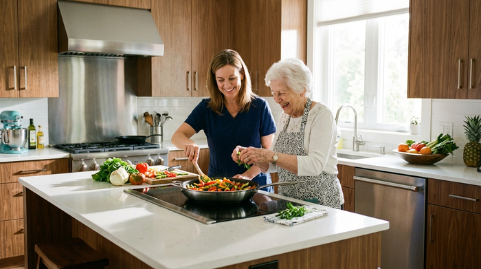 Eine Betreuungskraft und eine Seniorin stehen am Herd und kochen gemeinsam in einer sauberen, modernen Küche frisches Gemüse.