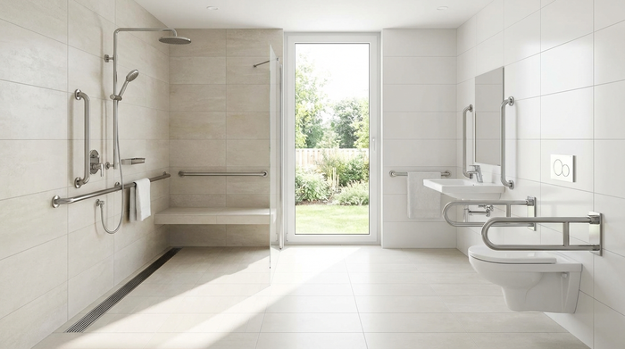 Ein modern gestaltetes, barrierefreies Badezimmer mit einer großzügigen, ebenerdigen Dusche, stabilen Haltegriffen und hellen Fliesen, makellos sauber.