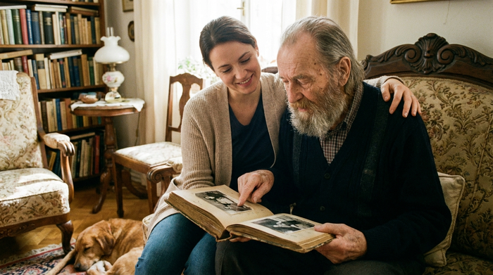 Eine geduldige Betreuerin schaut gemeinsam mit einem älteren Mann ein altes Fotoalbum an, beide wirken nostalgisch, ruhig und tief verbunden.