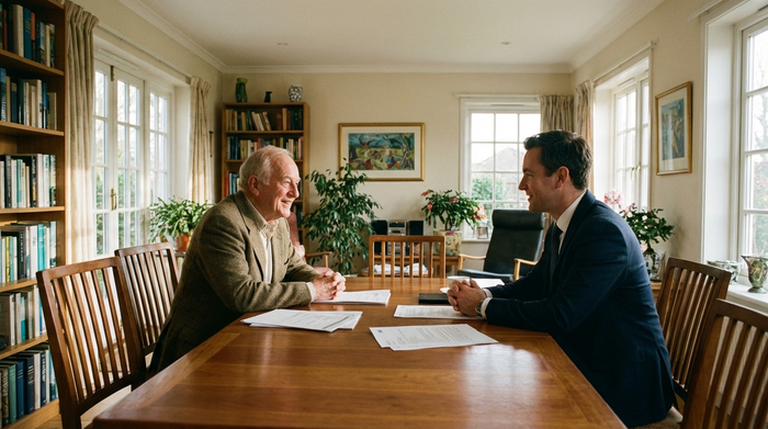 Ein älterer Herr sitzt am Esstisch und bespricht entspannt Dokumente mit einem freundlichen Berater in einem gut beleuchteten Raum.