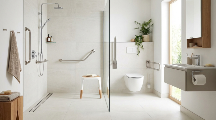 Ein modernes, barrierefreies Badezimmer mit einer bodengleichen Dusche, eleganten Haltegriffen an den Wänden und einem sicheren Duschhocker. Helles, sauberes Design.