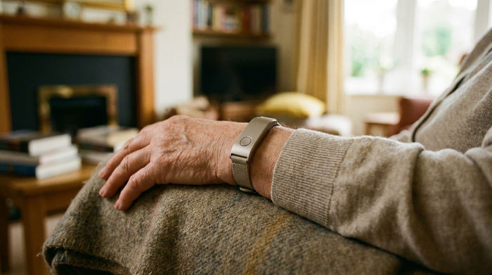 Nahaufnahme des Handgelenks einer älteren Person, die ein modernes, unauffälliges Hausnotruf-Armband trägt. Warme, beruhigende Atmosphäre im Hintergrund.