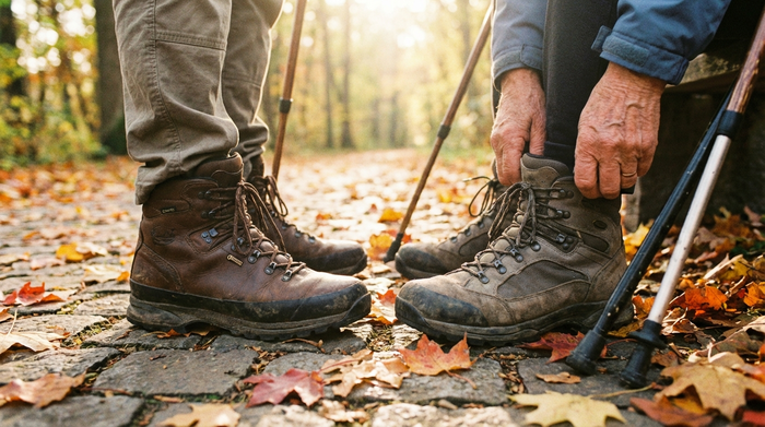Nahaufnahme der Füße eines älteren Paares in bequemen, stützenden Wanderschuhen auf einem gepflasterten Weg, umgeben von herbstlichen Blättern und weichem Sonnenlicht.