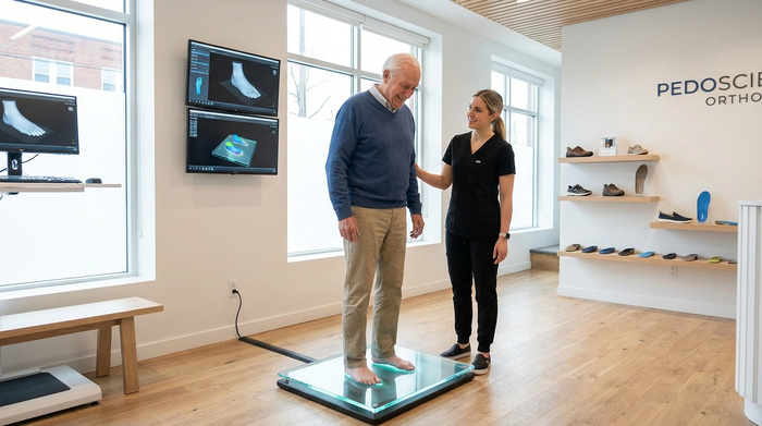 Ein moderner, sauberer Raum in einem Sanitätshaus. Ein älterer Herr steht barfuß auf einer beleuchteten Glasplatte zur 3D-Fußvermessung, während eine freundliche Fachkraft lächelnd assistiert.