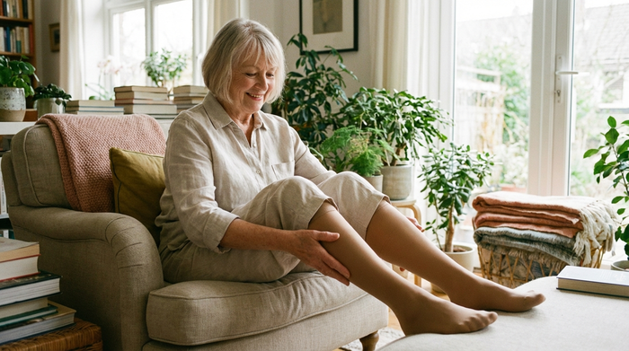 Eine vitale Seniorin sitzt entspannt in einem hellen, gemütlichen Wohnzimmer und massiert sanft ihre Unterschenkel. Sie trägt unauffällige, hautfarbene Kompressionsstrümpfe.