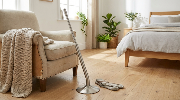 Eine praktische metallene Anziehhilfe für Strümpfe steht auf einem hellen Holzboden neben einem bequemen Sessel in einem aufgeräumten, freundlichen Schlafzimmer.