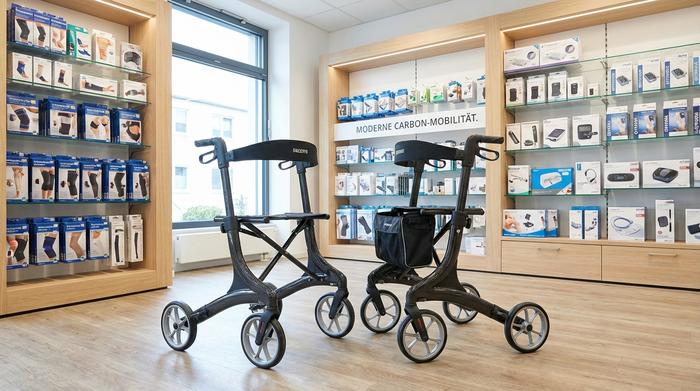 Zwei hochwertige, moderne Carbon-Rollatoren stehen nebeneinander in der gut beleuchteten Ausstellung eines Sanitätshauses, umgeben von sauberen Regalen mit Gesundheitsprodukten.