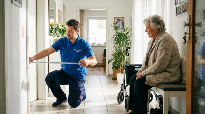 Ein Sanitätshaus-Mitarbeiter kniet im hellen Flur einer Wohnung und misst mit einem Maßband sorgfältig die Breite des Türrahmens aus, während eine Seniorin entspannt zuschaut.