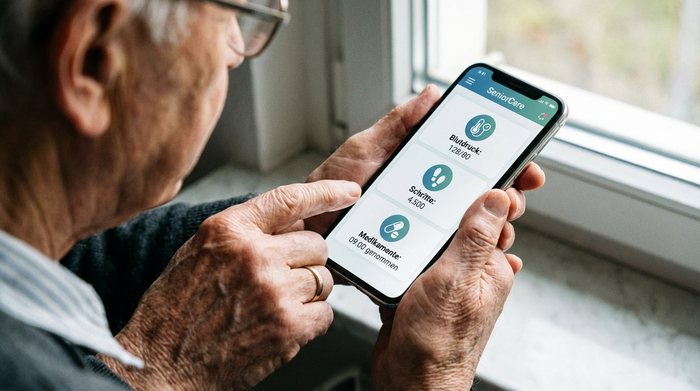 Eine Nahaufnahme der Hände einer älteren Person, die ein modernes Smartphone hält, auf dessen Bildschirm eine übersichtliche, digitale Gesundheits-App geöffnet ist.
