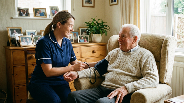 Eine sympathische Pflegekraft misst den Blutdruck eines älteren Herrn, der gemütlich in seinem Sessel im Wohnzimmer sitzt. Im Hintergrund stehen Familienfotos auf einer Kommode.