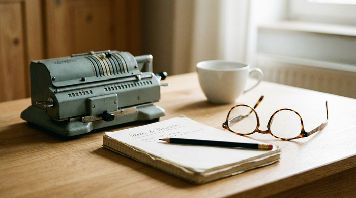 Ein gepflegter Schreibtisch mit einem Taschenrechner, einem Notizblock und einer Lesebrille. Im Hintergrund steht unscharf eine weiße Kaffeetasse. Die Szene wirkt ruhig und aufgeräumt.