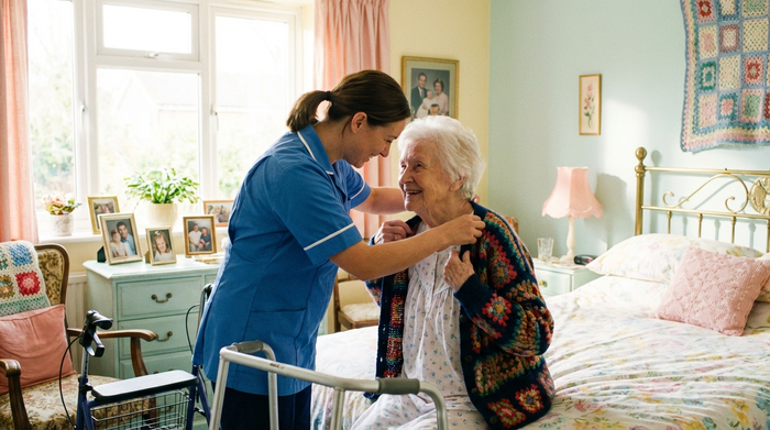Eine Pflegekraft hilft einer älteren Frau behutsam beim Anziehen einer Strickjacke. Beide lächeln sich in einem hellen, freundlich eingerichteten Schlafzimmer an.
