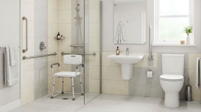 Ein modernes, barrierefreies Badezimmer mit einer bodengleichen Dusche, stabilen Haltegriffen an der Wand und hellen Fliesen. Ein bequemer, weißer Duschhocker steht bereit.