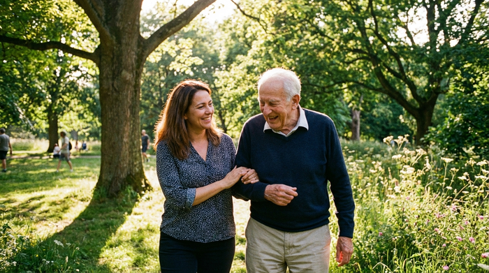 Eine Betreuungskraft und ein Senior spazieren gemeinsam durch einen sonnigen, grünen Park. Die Betreuungskraft stützt den Senior sanft am Arm, beide wirken glücklich.