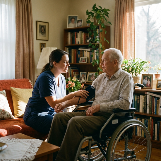 Eine professionelle Pflegekraft misst sanft den Blutdruck eines älteren Herrn im Rollstuhl in einem sonnigen Wohnzimmer. Warme Atmosphäre, Fokus auf Fürsorge.
